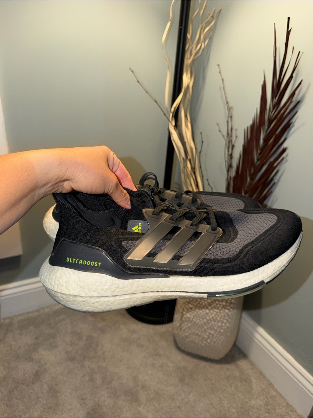 adidas Ultraboost Men’s Running Shoes - Black/Grey with Neon Green Accent